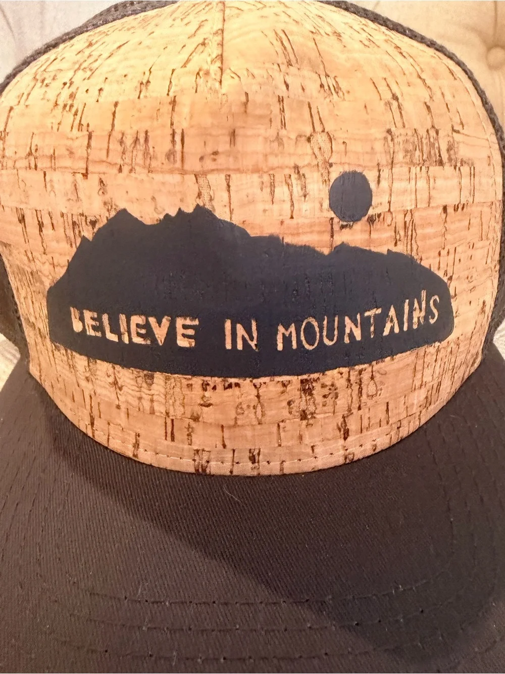 Believe in Mountains Cork Front Trucker Hat - Gray
